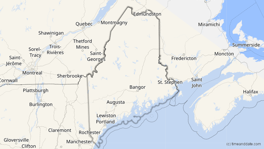 A map of Maine, USA, showing the path of the 6. Dez 2067 Totale Sonnenfinsternis