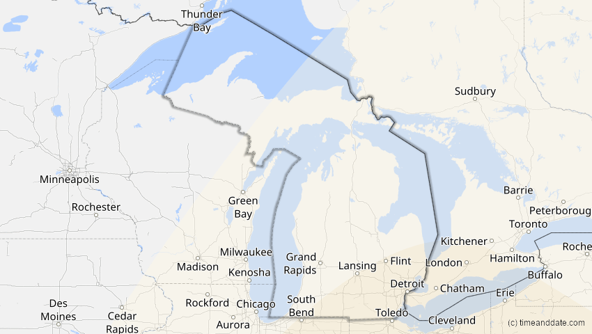 A map of Michigan, USA, showing the path of the 6. Dez 2067 Totale Sonnenfinsternis