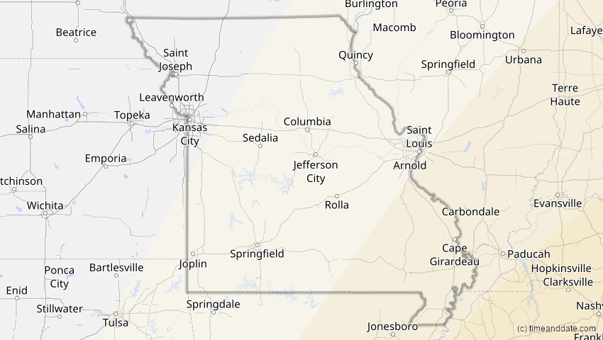 A map of Missouri, USA, showing the path of the 6. Dez 2067 Totale Sonnenfinsternis
