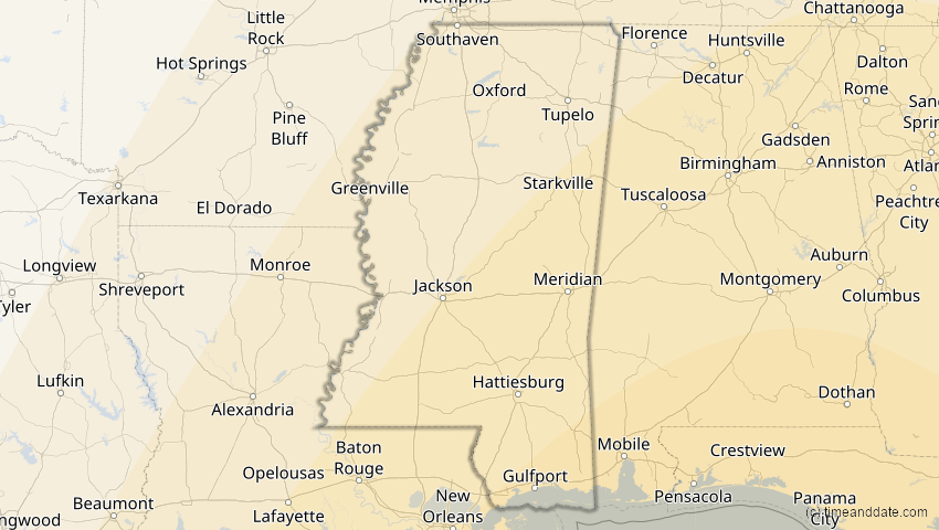 A map of Mississippi, USA, showing the path of the 6. Dez 2067 Totale Sonnenfinsternis