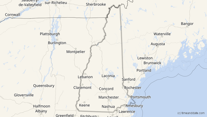 A map of New Hampshire, USA, showing the path of the 6. Dez 2067 Totale Sonnenfinsternis