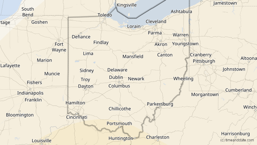 A map of Ohio, USA, showing the path of the 6. Dez 2067 Totale Sonnenfinsternis