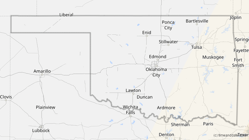 A map of Oklahoma, USA, showing the path of the 6. Dez 2067 Totale Sonnenfinsternis