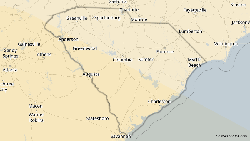 A map of South Carolina, USA, showing the path of the 6. Dez 2067 Totale Sonnenfinsternis