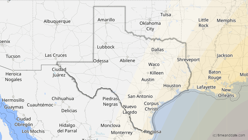 A map of Texas, USA, showing the path of the 6. Dez 2067 Totale Sonnenfinsternis