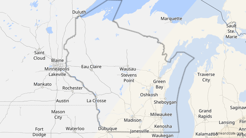 A map of Wisconsin, USA, showing the path of the 6. Dez 2067 Totale Sonnenfinsternis
