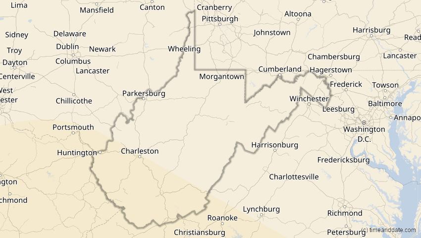 A map of West Virginia, USA, showing the path of the 6. Dez 2067 Totale Sonnenfinsternis