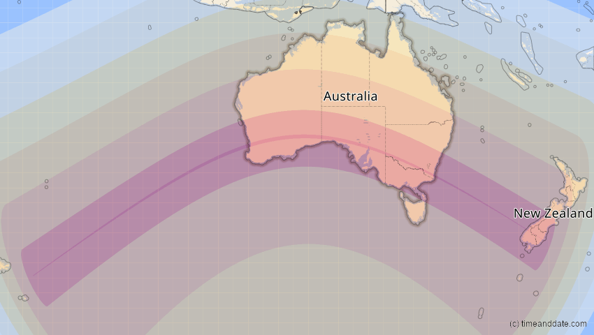 A map of Australien, showing the path of the 31. Mai 2068 Totale Sonnenfinsternis