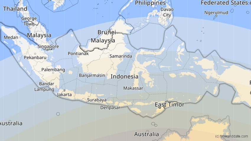 A map of Indonesien, showing the path of the 31. Mai 2068 Totale Sonnenfinsternis