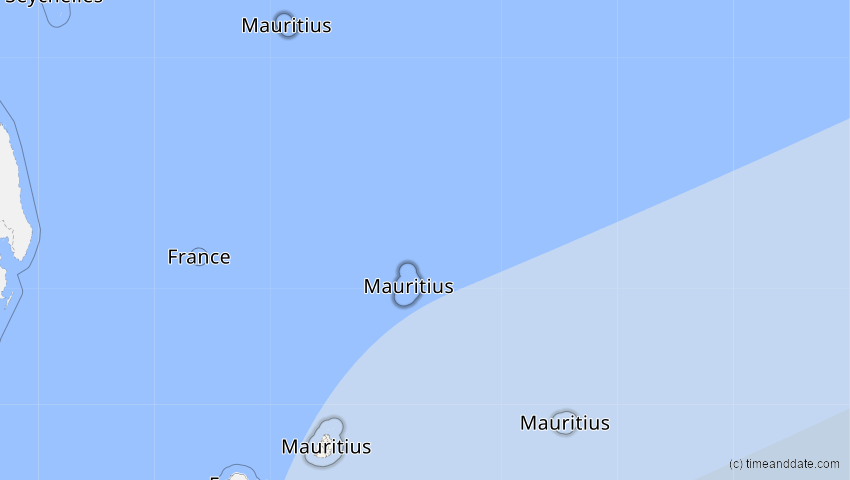 A map of Mauritius, showing the path of the 31. Mai 2068 Totale Sonnenfinsternis