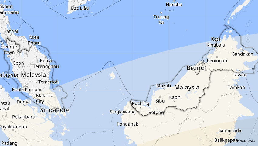 A map of Malaysia, showing the path of the 31. Mai 2068 Totale Sonnenfinsternis