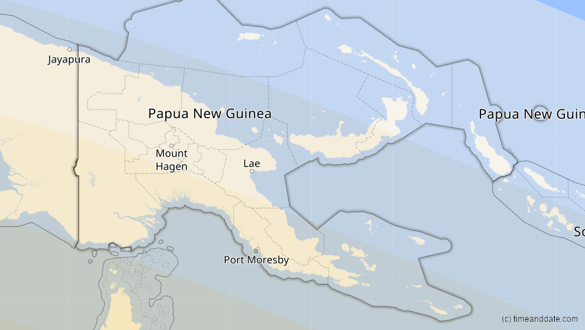 A map of Papua-Neuguinea, showing the path of the 31. Mai 2068 Totale Sonnenfinsternis