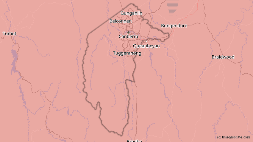 A map of Australian Capital Territory, Australien, showing the path of the 31. Mai 2068 Totale Sonnenfinsternis