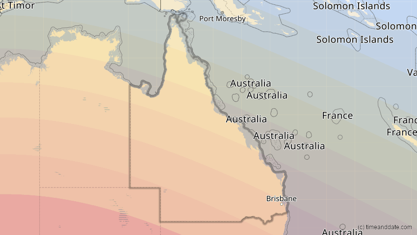 A map of Queensland, Australien, showing the path of the 31. Mai 2068 Totale Sonnenfinsternis