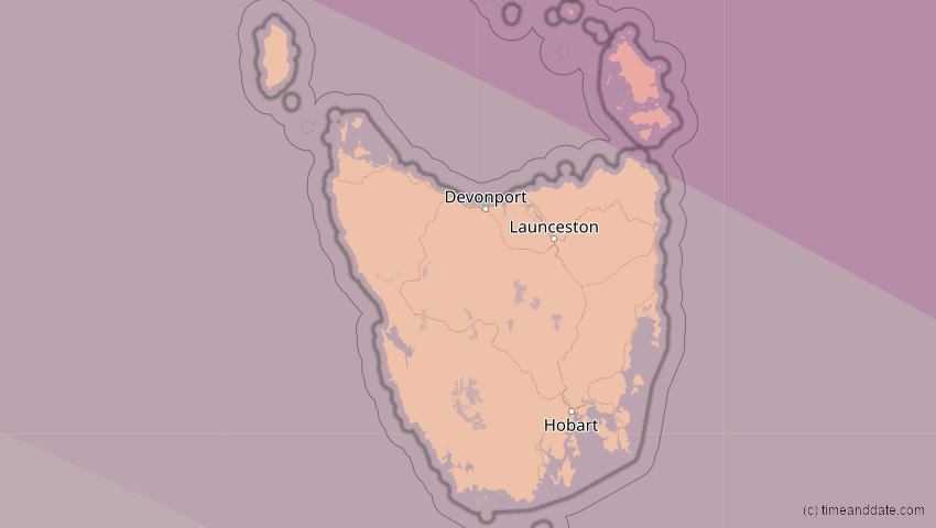 A map of Tasmanien, Australien, showing the path of the 31. Mai 2068 Totale Sonnenfinsternis