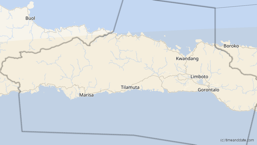 A map of Gorontalo, Indonesien, showing the path of the 31. Mai 2068 Totale Sonnenfinsternis