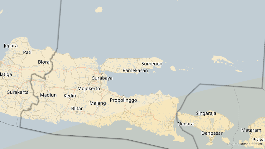 A map of Jawa Timur, Indonesien, showing the path of the 31. Mai 2068 Totale Sonnenfinsternis
