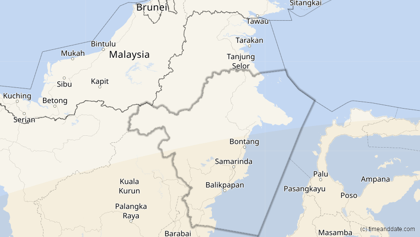 A map of Kalimantan Timur, Indonesien, showing the path of the 31. Mai 2068 Totale Sonnenfinsternis