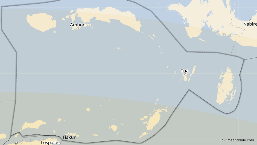 A map of Maluku, Indonesien, showing the path of the 31. Mai 2068 Totale Sonnenfinsternis
