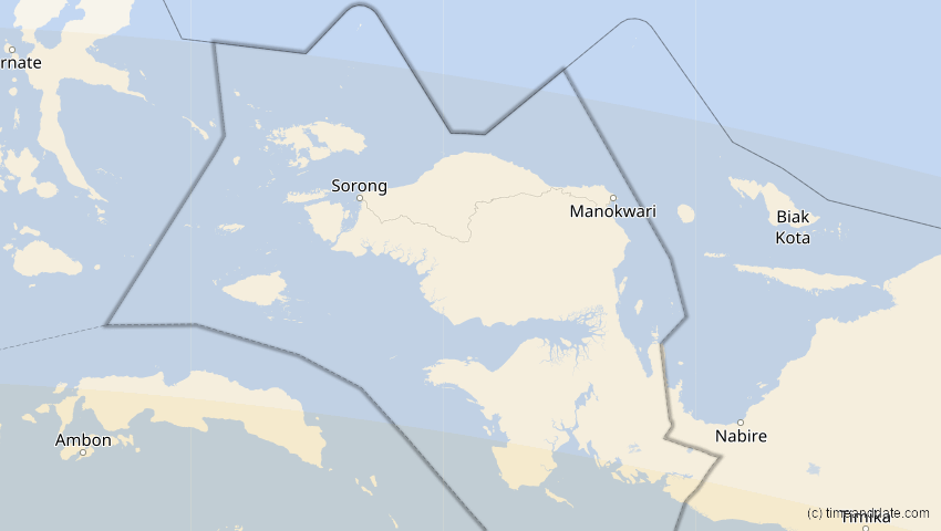 A map of Papua Barat, Indonesien, showing the path of the 31. Mai 2068 Totale Sonnenfinsternis
