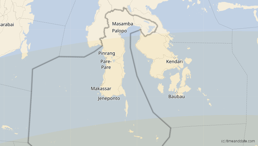 A map of Sulawesi Selatan, Indonesien, showing the path of the 31. Mai 2068 Totale Sonnenfinsternis