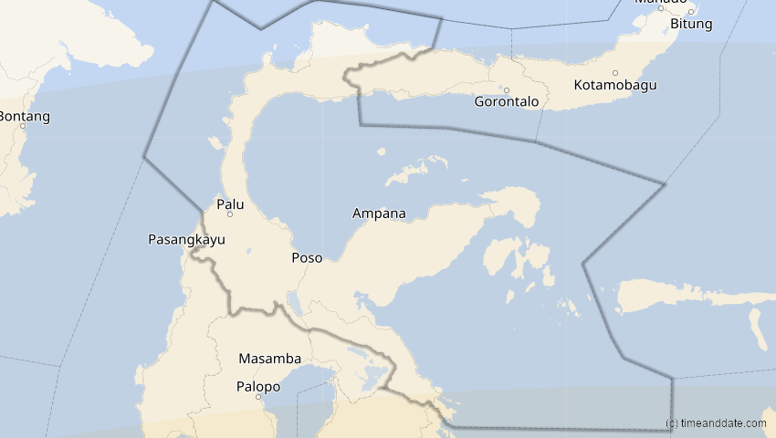 A map of Sulawesi Tengah, Indonesien, showing the path of the 31. Mai 2068 Totale Sonnenfinsternis