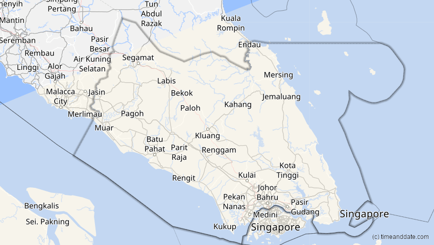 A map of Johor, Malaysia, showing the path of the 31. Mai 2068 Totale Sonnenfinsternis