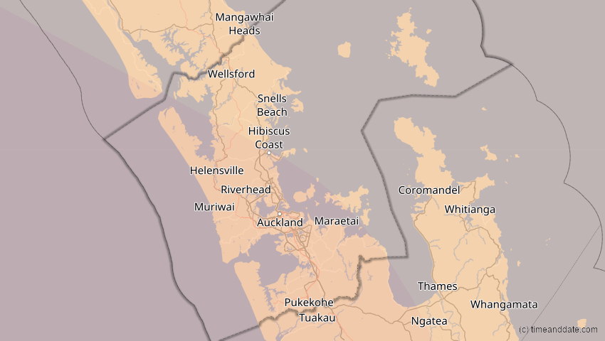 A map of Auckland, Neuseeland, showing the path of the 31. Mai 2068 Totale Sonnenfinsternis