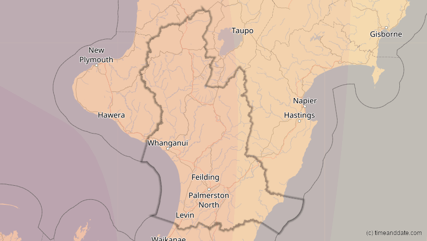 A map of Manawatu-Whanganui, Neuseeland, showing the path of the 31. Mai 2068 Totale Sonnenfinsternis
