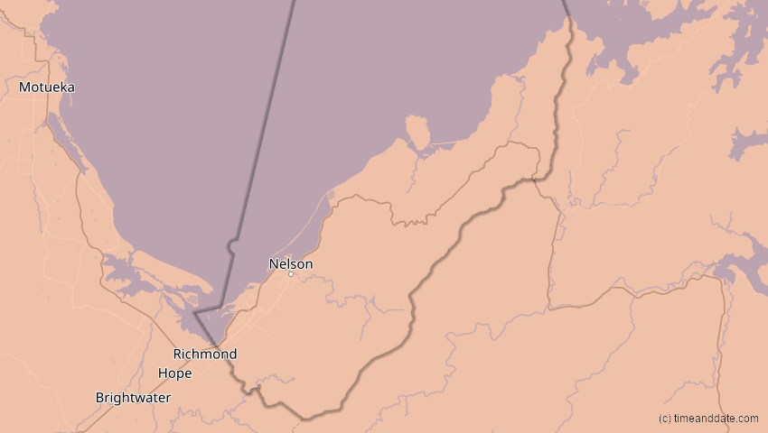 A map of Nelson, Neuseeland, showing the path of the 31. Mai 2068 Totale Sonnenfinsternis