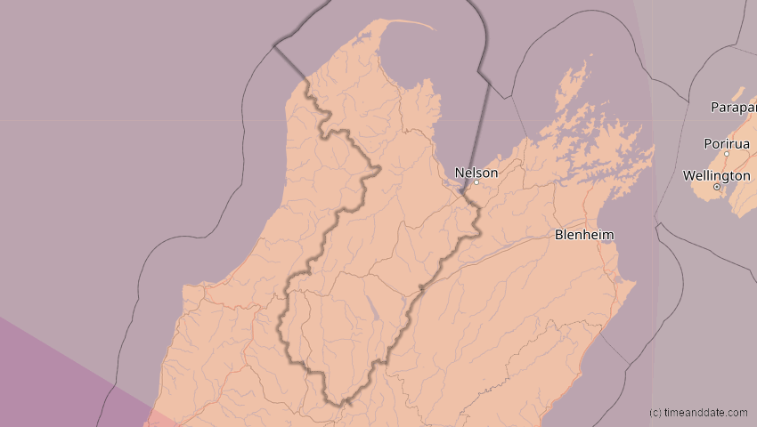 A map of Tasman, Neuseeland, showing the path of the 31. Mai 2068 Totale Sonnenfinsternis
