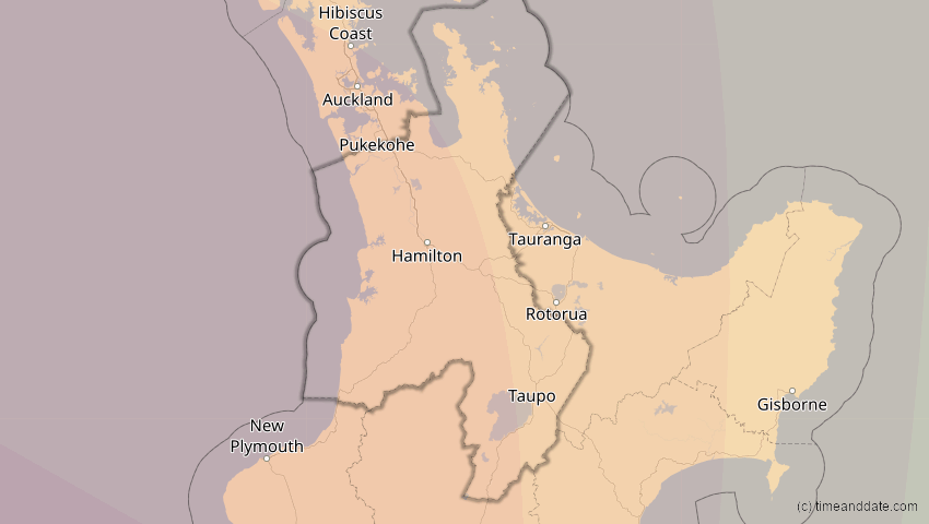 A map of Waikato, Neuseeland, showing the path of the 31. Mai 2068 Totale Sonnenfinsternis