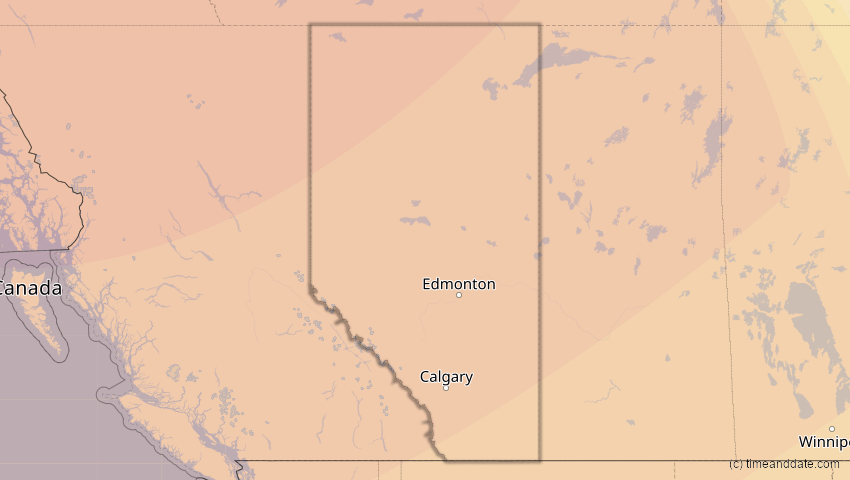 A map of Alberta, Kanada, showing the path of the 24. Nov 2068 Partielle Sonnenfinsternis