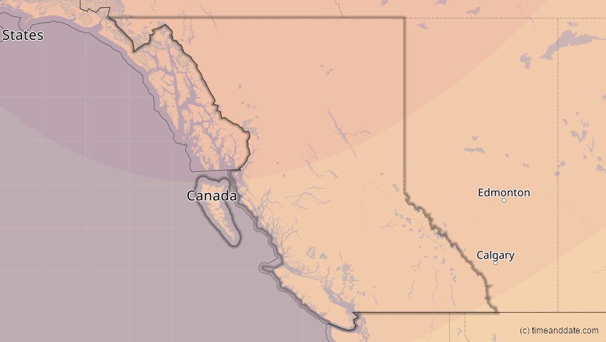 A map of British Columbia, Kanada, showing the path of the 24. Nov 2068 Partielle Sonnenfinsternis