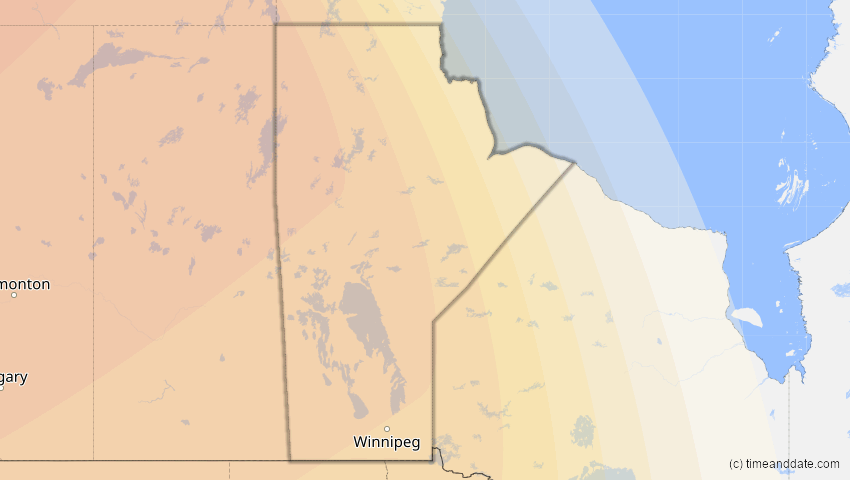 A map of Manitoba, Kanada, showing the path of the 24. Nov 2068 Partielle Sonnenfinsternis