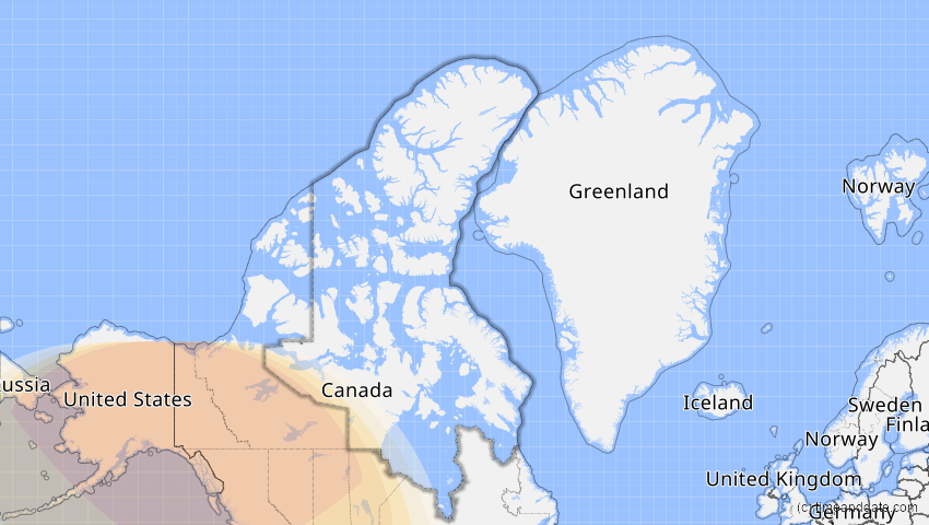 A map of Nunavut, Kanada, showing the path of the 24. Nov 2068 Partielle Sonnenfinsternis
