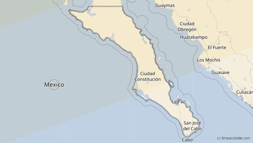 A map of Baja California Sur, Mexiko, showing the path of the 24. Nov 2068 Partielle Sonnenfinsternis