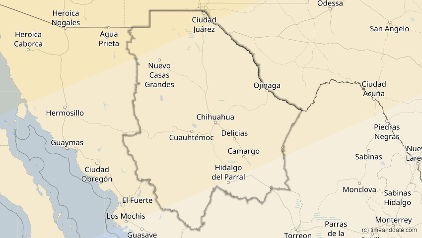 A map of Chihuahua, Mexiko, showing the path of the 24. Nov 2068 Partielle Sonnenfinsternis