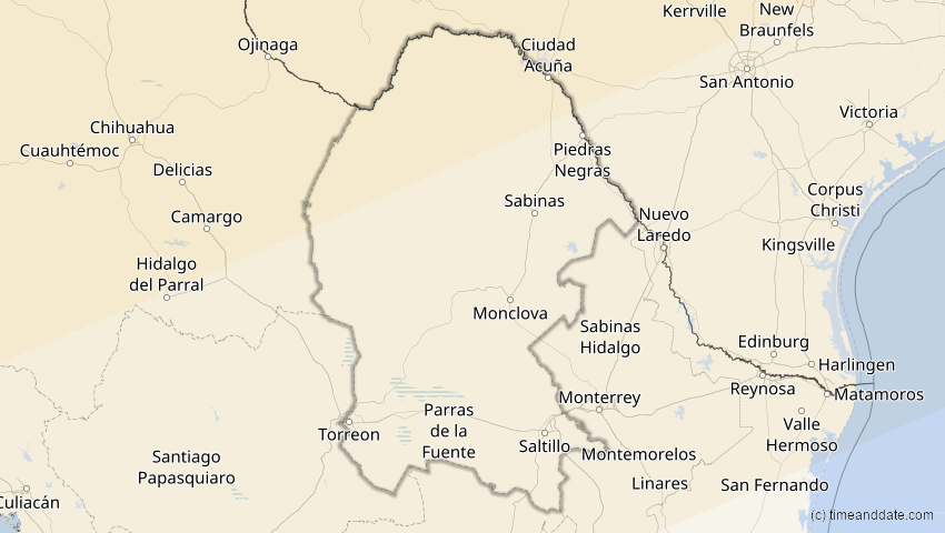 A map of Coahuila, Mexiko, showing the path of the 24. Nov 2068 Partielle Sonnenfinsternis