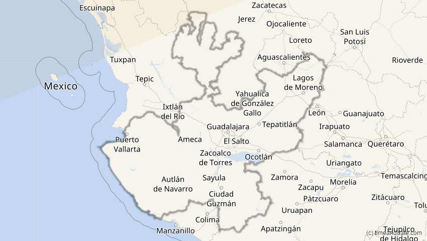 A map of Jalisco, Mexiko, showing the path of the 24. Nov 2068 Partielle Sonnenfinsternis