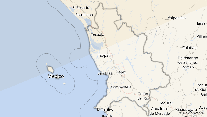 A map of Nayarit, Mexiko, showing the path of the 24. Nov 2068 Partielle Sonnenfinsternis