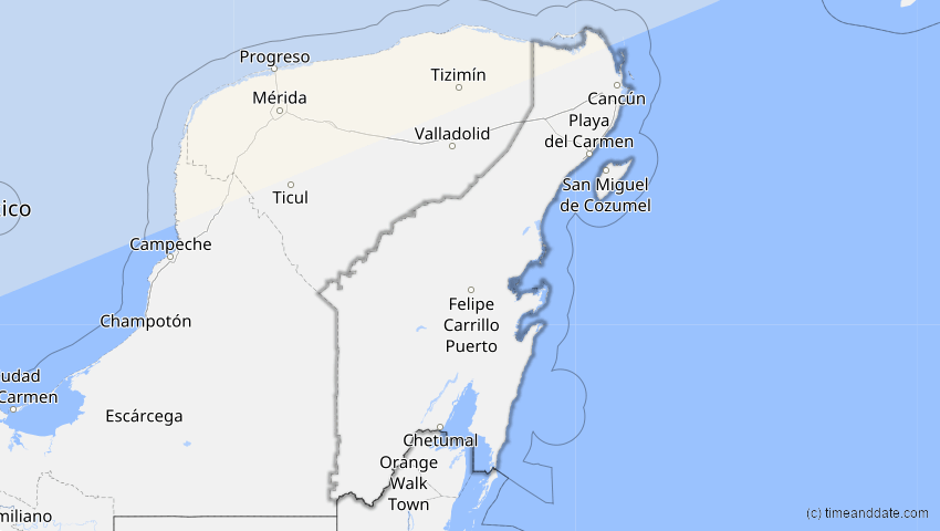A map of Quintana Roo, Mexiko, showing the path of the 24. Nov 2068 Partielle Sonnenfinsternis