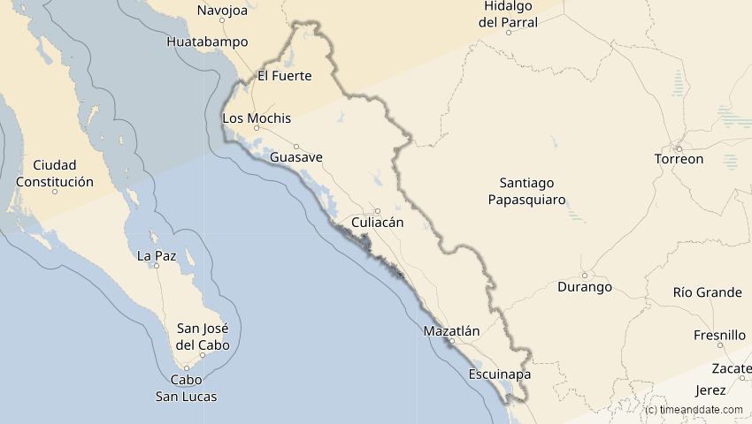 A map of Sinaloa, Mexiko, showing the path of the 24. Nov 2068 Partielle Sonnenfinsternis