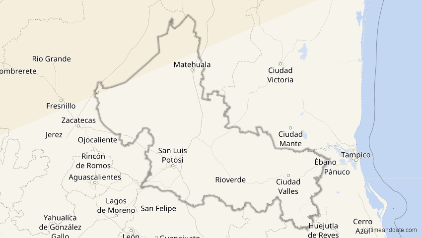 A map of San Luis Potosí, Mexiko, showing the path of the 24. Nov 2068 Partielle Sonnenfinsternis
