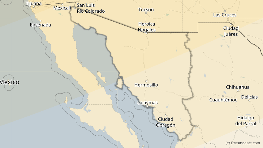 A map of Sonora, Mexiko, showing the path of the 24. Nov 2068 Partielle Sonnenfinsternis