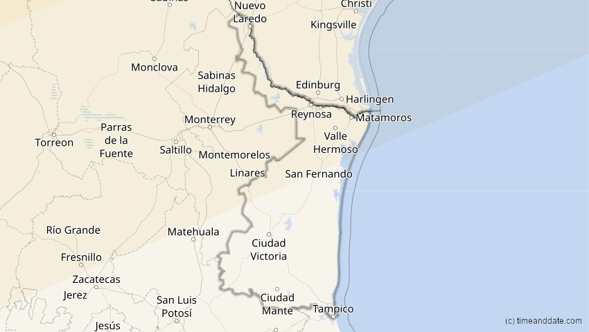 A map of Tamaulipas, Mexiko, showing the path of the 24. Nov 2068 Partielle Sonnenfinsternis