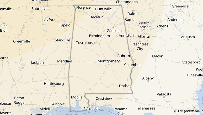 A map of Alabama, USA, showing the path of the 24. Nov 2068 Partielle Sonnenfinsternis