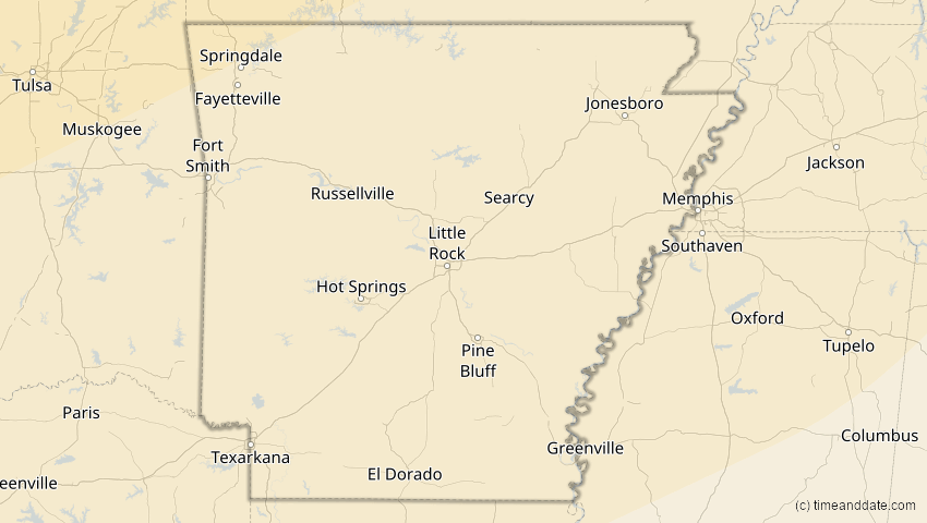 A map of Arkansas, USA, showing the path of the 24. Nov 2068 Partielle Sonnenfinsternis