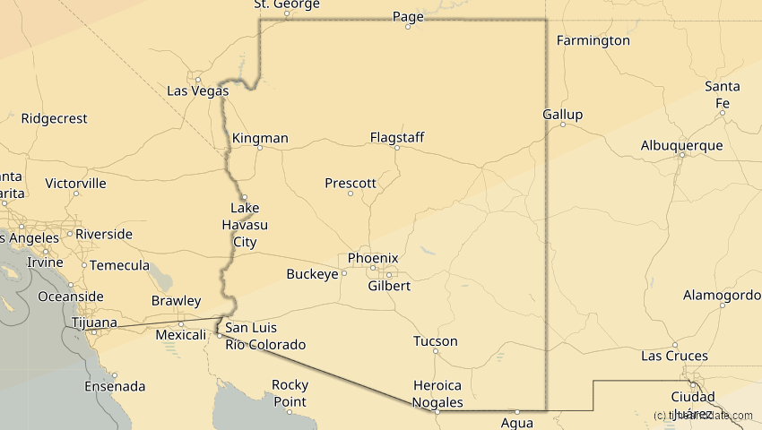 A map of Arizona, USA, showing the path of the 24. Nov 2068 Partielle Sonnenfinsternis