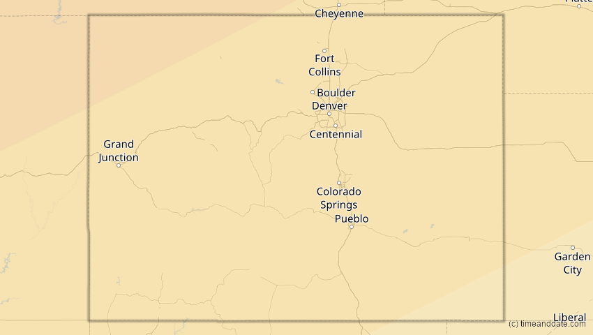 A map of Colorado, USA, showing the path of the 24. Nov 2068 Partielle Sonnenfinsternis